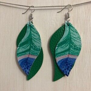 Green Blue Two Layer Leather Feather Leaf Earrings